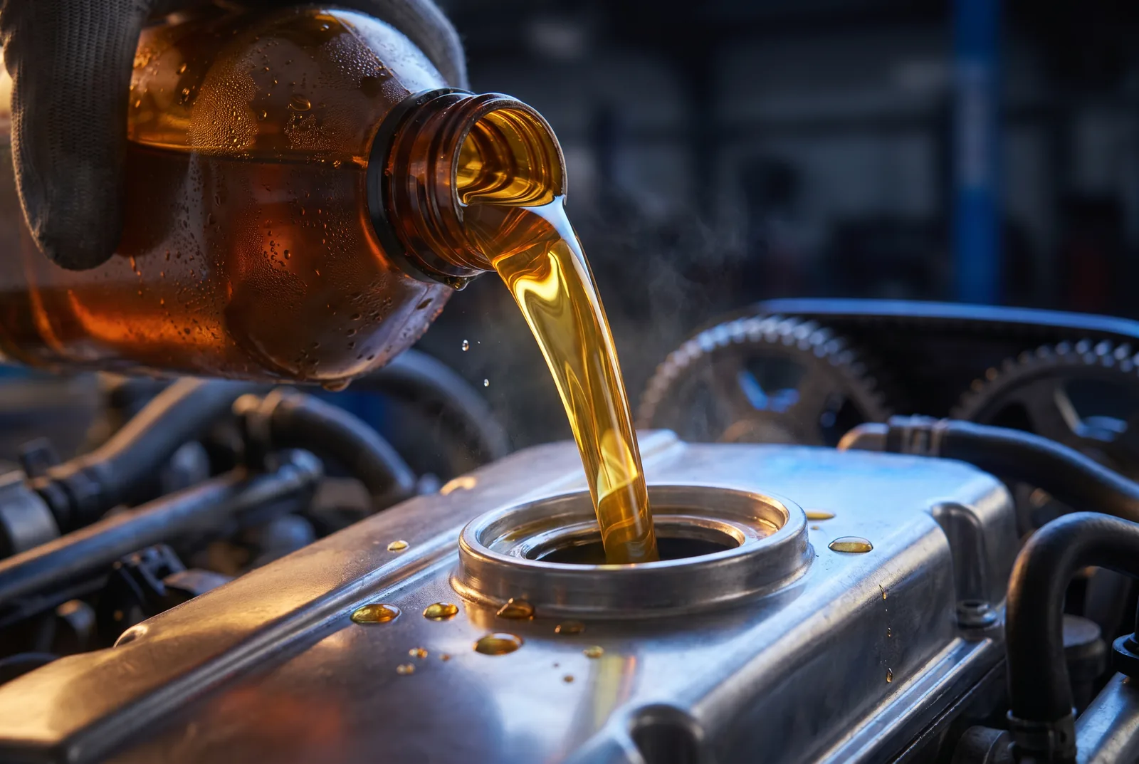 Cambio de aceite: aceite dorado cayendo al motor
